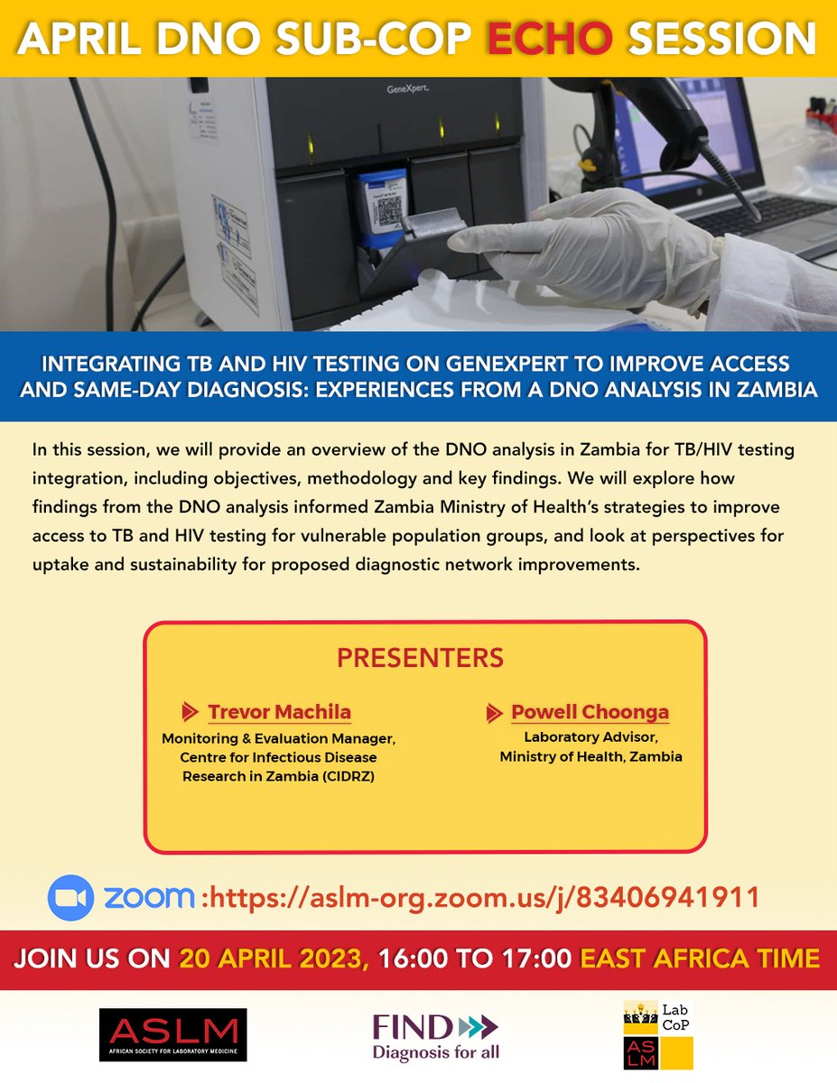 Don't miss #LabCoP’s DNO SubCoP ECHO Session on 20 April! Join us as we discuss the overview of the DNO analysis in Zambia for #TB and #HIV testing integration, including objectives, methodology and key findings. Register at conta.cc/3KUALwO