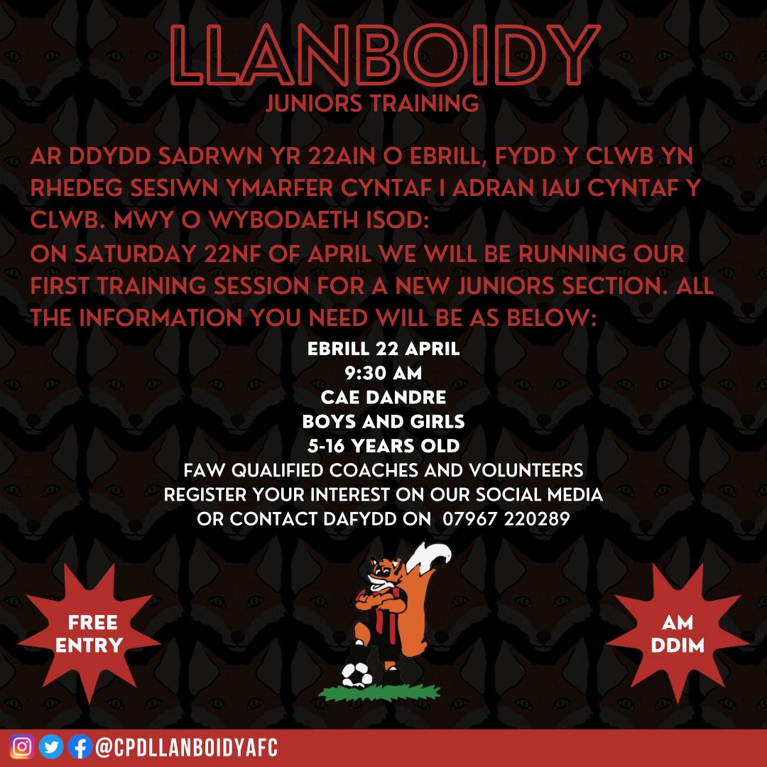 Llanboidyfc's tweet photo. Some exciting news to share.. 

We will be running out first training session for juniors next Saturday the 22nd down in Cae Dandre🤩⚽️

Swipe for more information🦊🦊 https://t.co/CCCfOcKyii