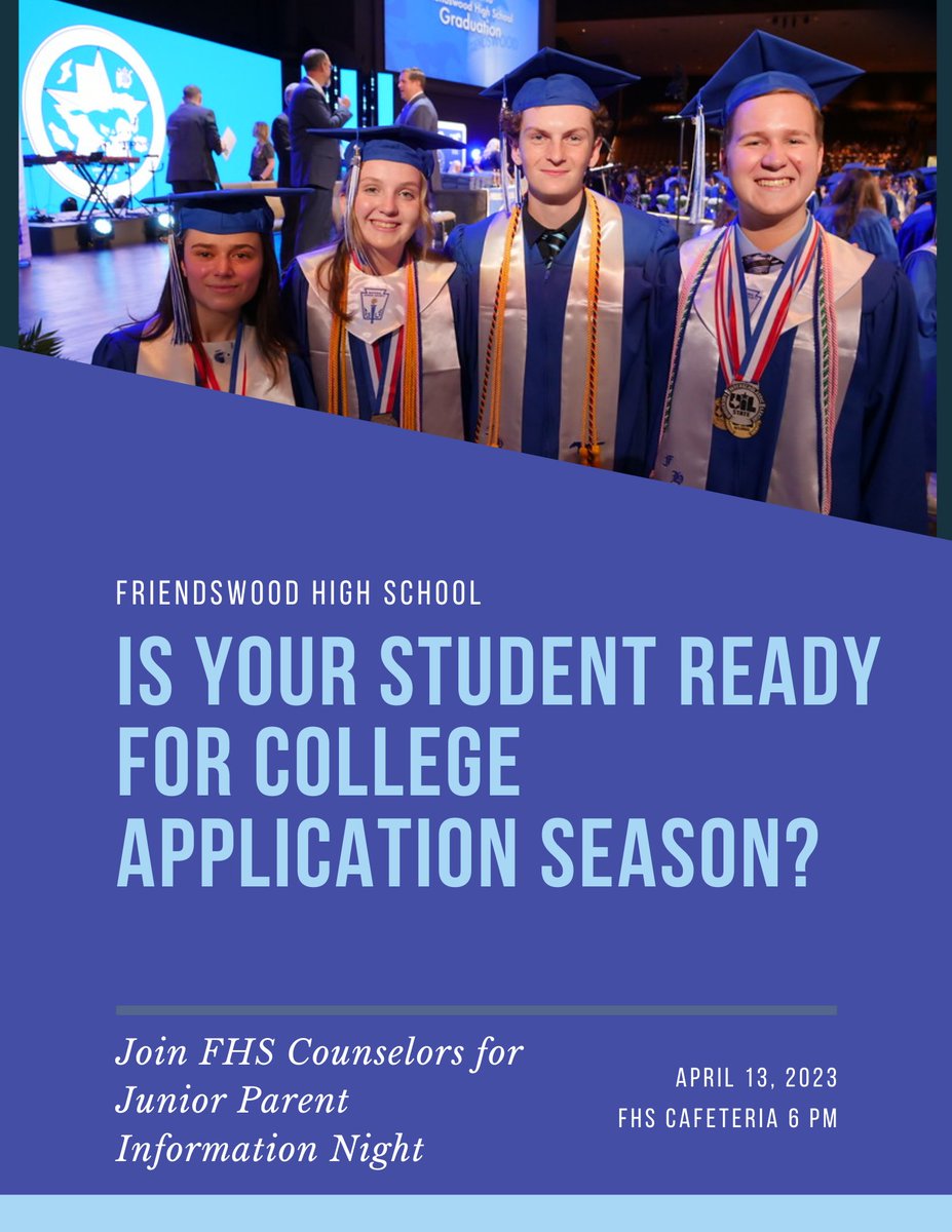 Friendswood High School (@fhsmustangs) on Twitter photo Just a reminder that FHS Counselors are hosting a Junior Parent Night TONIGHT about the College Application process and other important information. Parents of Freshman and Sophomores are also welcome to attend! <a href="/friendswoodisd/">Friendswood ISD</a> <a href="/FISDEdFd/">Friendswood ISD Education Foundation</a> Just a reminder that FHS Counselors are hosting a Junior Parent Night TONIGHT about the College Application process and other important information. Parents of Freshman and Sophomores are also welcome to attend! <a href="/friendswoodisd/">Friendswood ISD</a> <a href="/FISDEdFd/">Friendswood ISD Education Foundation</a>