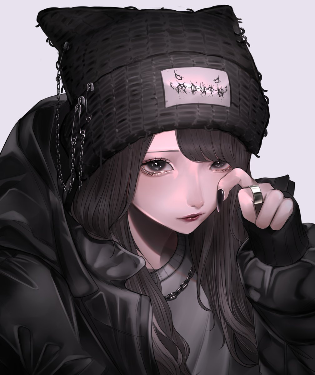 1girl solo beanie hat black nails long hair jewelry  illustration images