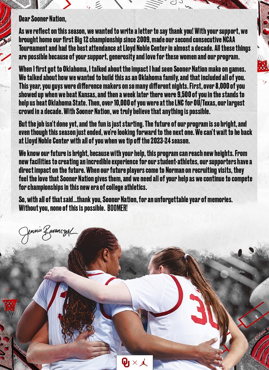 OU_WBBall's tweet photo. A letter from @SoonersCoachJB to Sooner Nation 📝

#OUGivingDay x 🎁https://t.co/40lqHBpmfe https://t.co/F5my4XFbjr