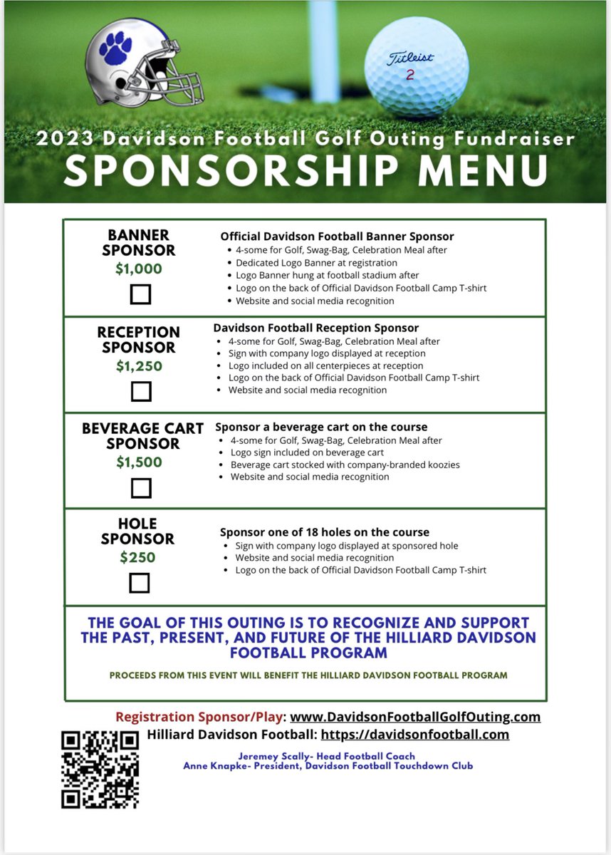 Be part of our Hilliard Davidson Football Golf Outing on Monday, June 5, 2023 at Heritage Golf Club. Your participation benefits the 2023 Hilliard Davidson Football Programs.

Sponsorship: birdease.com/22916/sponsors… 

Golf: 
birdease.com/22916/register