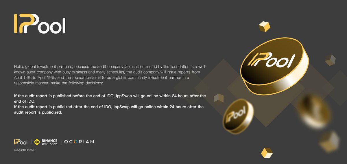 Announcement about the launch of Ippswap🚀🚀🚀
 See the poster for details 👀
 An authoritative audit is safer 👍👍
#swap #BSC