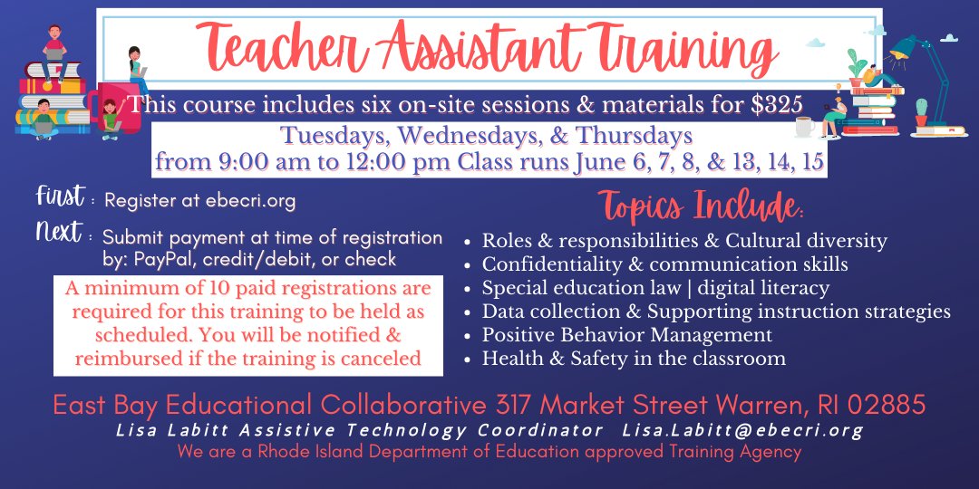Register now: ebecri.libcal.com/calendar/ebec/…… #teacherassistants #paraprofessionals
<a href="/BWRSD/">Bristol Warren Regional School District</a> <a href="/psd_ri/">Portsmouth Schools</a> <a href="/tivertonschools/">Tiverton Public Schools</a> <a href="/bps_ri/">Barrington Public Schools</a> 
<a href="/WeareMiddletown/">Middletown Public Schools</a> <a href="/LCRISchoolNews/">Wilbur & McMahon Schools</a> 
<a href="/pvdschools/">Providence Public Schools</a> <a href="/npschoolsri/">npschoolsri</a> <a href="/ATAP/">Joey Tresdedos</a> <a href="/ORS/">やました🍚😋</a>
<a href="/TechACCESSRI/">TechACCESS of RI</a>