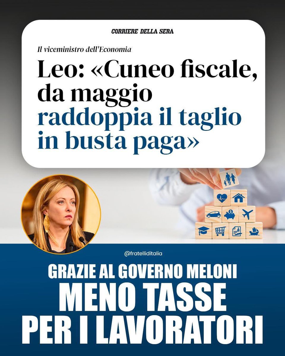 🔵 Grazie alle misure varate dal #GovernoMeloni, si riducono ulteriormente le #tasse in #bustapaga per le fasce deboli, comportando un significativo risparmio annuo per i lavoratori dipendenti pubblici e privati con redditi fino a 35mila euro.

@FratellidItalia 🇮🇹