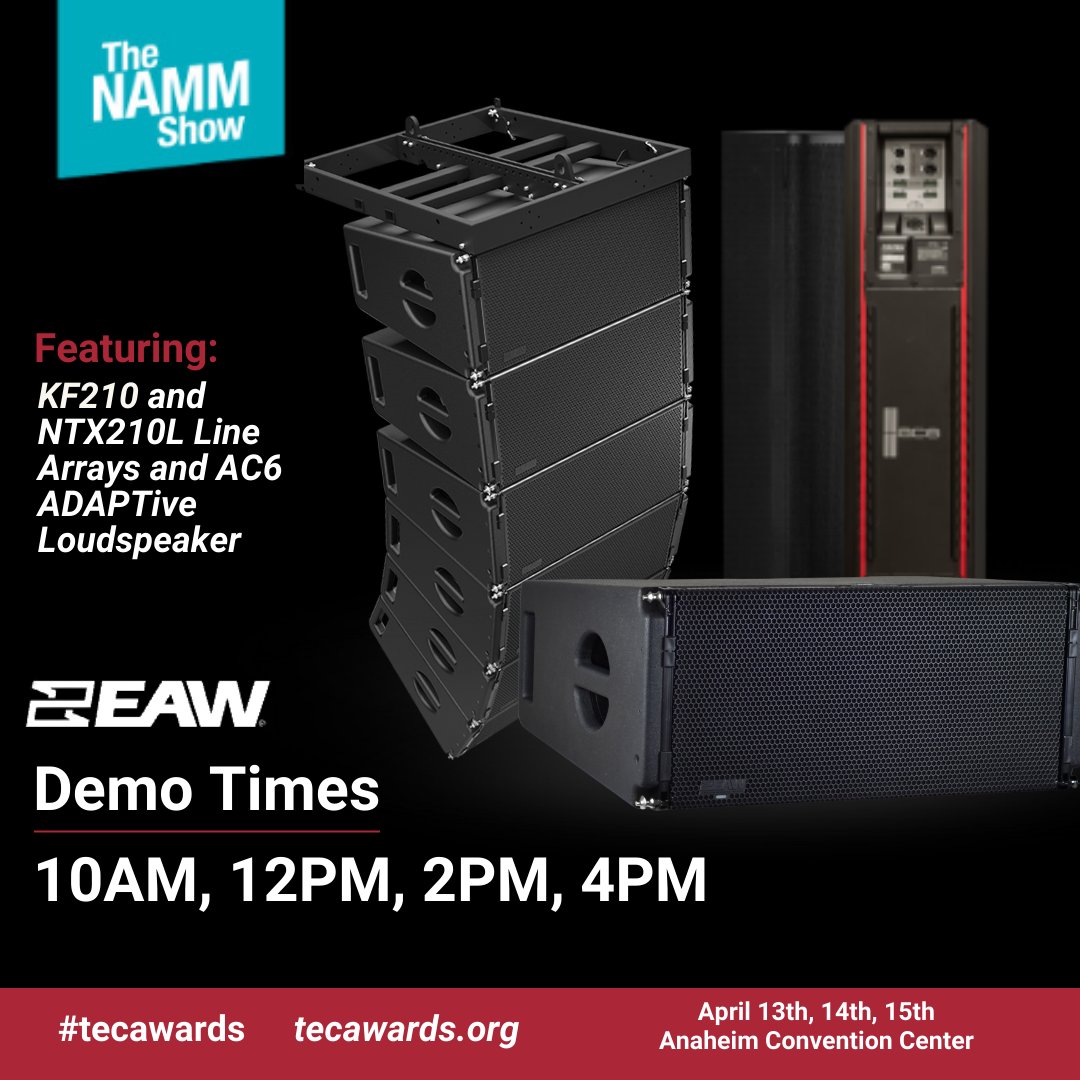 easternacoustic's tweet photo. Come hear the new EAW each day of the NAMM show in demo room 17221 at 10AM, 12PM, 2PM, and 4PM, this Thursday-Saturday.
We can't wait to see you there!
#TECAwards2022 #TECAwards #OutstandingTechnicalAchievement #SoundReinforcementLoudspeakers #ADAPTiveSeries #EAW https://t.co/hAiPuS4QRJ