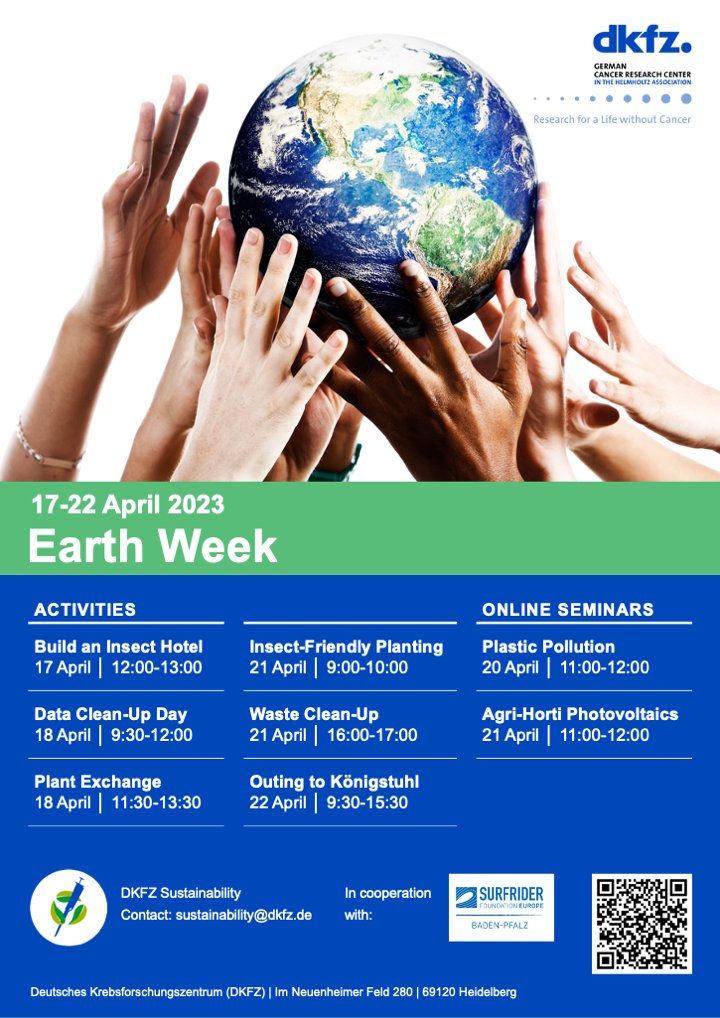 DKFZ (@dkfz) on Twitter photo Join the DKFZ in celebrating #EarthWeek! Learn from experts about protecting natural resources or get active planting a tree, cleaning up data or cleaning up waste on campus. 🌍🌳
📆 17-22 April
Find out more
➡️ dkfz.de/en/events/even…
#EarthDay #EarthWeekDKFZ
<a href="/MelanieBergma18/">Dr. Melanie Bergmann 🐘MBergmann🐘mstdn.social</a> Join the DKFZ in celebrating #EarthWeek! Learn from experts about protecting natural resources or get active planting a tree, cleaning up data or cleaning up waste on campus. 🌍🌳
📆 17-22 April
Find out more
➡️ dkfz.de/en/events/even…
#EarthDay #EarthWeekDKFZ
<a href="/MelanieBergma18/">Dr. Melanie Bergmann 🐘MBergmann🐘mstdn.social</a>
