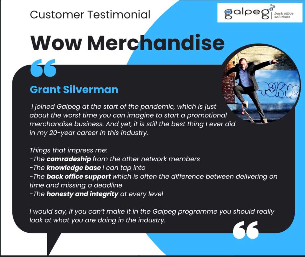 We are always grateful to hear from our customers and thrilled to know that we have made a positive impact! Thank you Grant Silverman #WowMerchandise. #thankyou #customerexperience #testimonial #promotionalproducts
