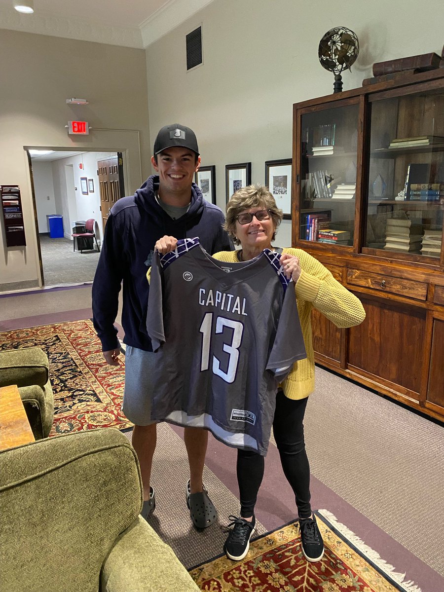 cap_athletics's tweet photo. .@CapMensLax took things one step further gifting some of their favorite professors an old team worn jersey! 

-Cody Colon with Prof. Murray
-James Howenstine with Dr. Kent
-Jake Belt with Dr. Shields
-Ethan Adkins with Prof. O’Brien
 
#CapFam | #D3Week | @NCAADIII | @Capital_U https://t.co/Er09puVvWh