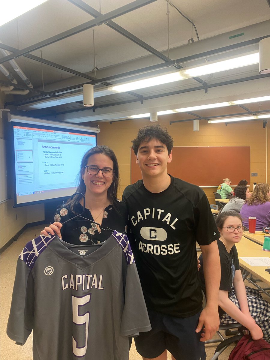 cap_athletics's tweet photo. .@CapMensLax took things one step further gifting some of their favorite professors an old team worn jersey! 

-Cody Colon with Prof. Murray
-James Howenstine with Dr. Kent
-Jake Belt with Dr. Shields
-Ethan Adkins with Prof. O’Brien
 
#CapFam | #D3Week | @NCAADIII | @Capital_U https://t.co/Er09puVvWh