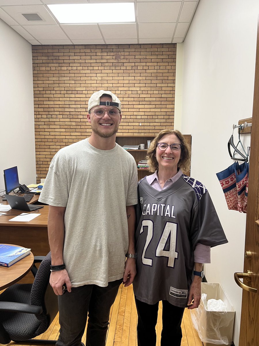 cap_athletics's tweet photo. .@CapMensLax took things one step further gifting some of their favorite professors an old team worn jersey! 

-Cody Colon with Prof. Murray
-James Howenstine with Dr. Kent
-Jake Belt with Dr. Shields
-Ethan Adkins with Prof. O’Brien
 
#CapFam | #D3Week | @NCAADIII | @Capital_U https://t.co/Er09puVvWh
