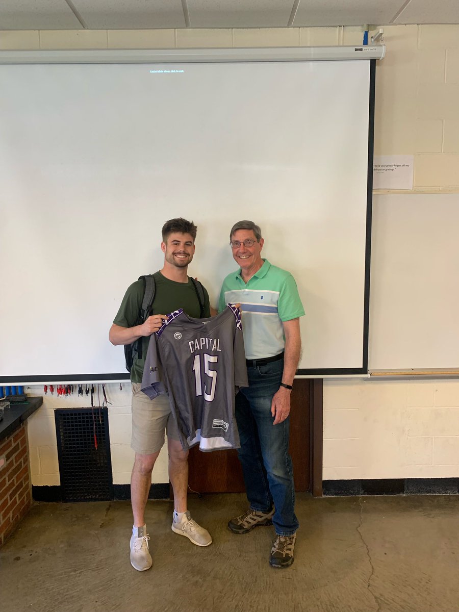 cap_athletics's tweet photo. .@CapMensLax took things one step further gifting some of their favorite professors an old team worn jersey! 

-Cody Colon with Prof. Murray
-James Howenstine with Dr. Kent
-Jake Belt with Dr. Shields
-Ethan Adkins with Prof. O’Brien
 
#CapFam | #D3Week | @NCAADIII | @Capital_U https://t.co/Er09puVvWh