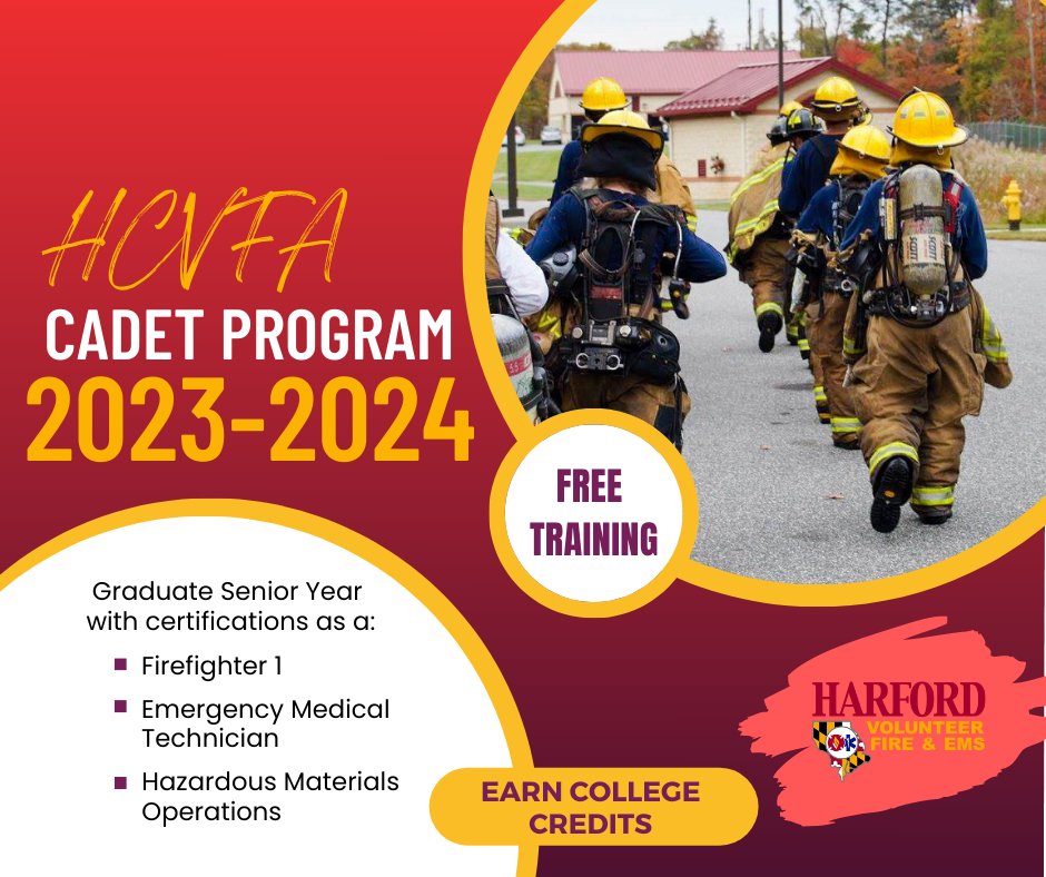 Interested in applying to the 2023-2024 Harford County Fire-EMS Cadet Program? 📷 Don't forget to get that application in by July 15th!! For more Cadet Program INFO &amp; Application: firedept.link/HCVFA_Cadets #harfordcounty #harfordcadet #harfordvols #JoinHC12