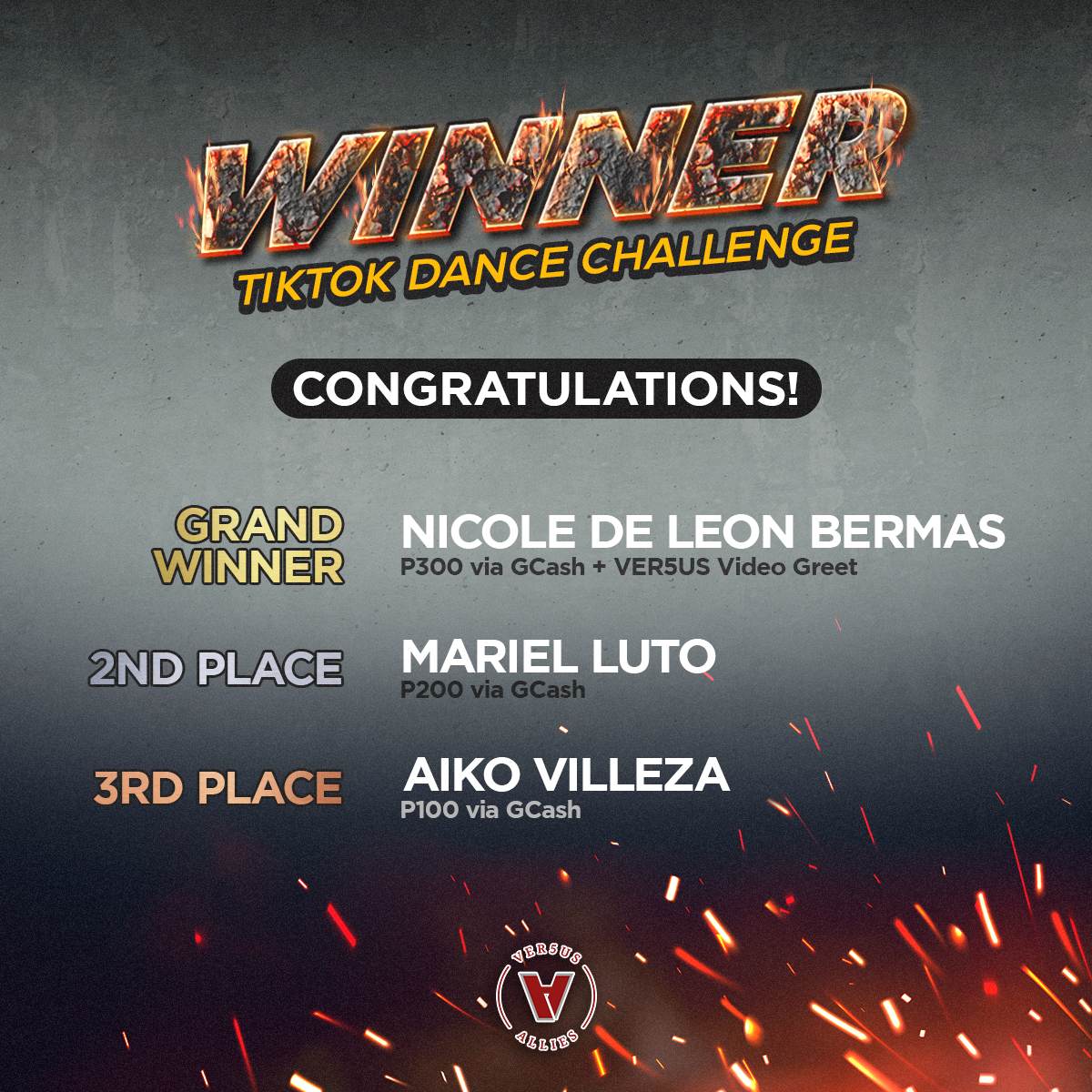 Ver5usAlliesOfc's tweet photo. Congratulations to the winners of our  'Winner' Tiktok Dance Challenge 🎉🏆

And to all those who joined the contest, thank you for participating and for sharing your talent with us ❤️

@_ver5usofficial #Winner #WinnerDanceChallenge https://t.co/OXDWW0fsov