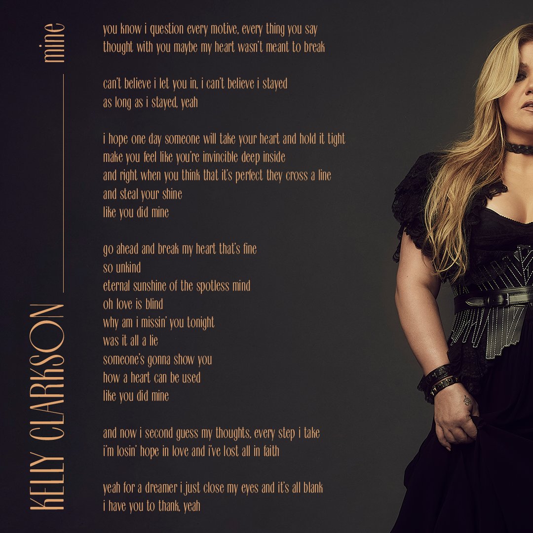 kellyclarkson's tweet image. "mine / me" are out everywhere tomorrow 🍷💔☀️ here are the lyrics so y'all can learn them before it's out. pre-save it now: atlantic.lnk.to/mine-me