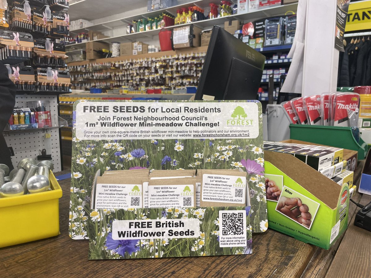 Have you collected your free British wildflower seeds yet to participate in our One Square Metre (1m²) Mini-meadow Challenge?

Now available to collect from Gardner and Scardifield, 21 &amp; 23 Queen St, Horsham RH13 5AA.

Read more on our website at: forestnchorsham.org.uk/1m2/