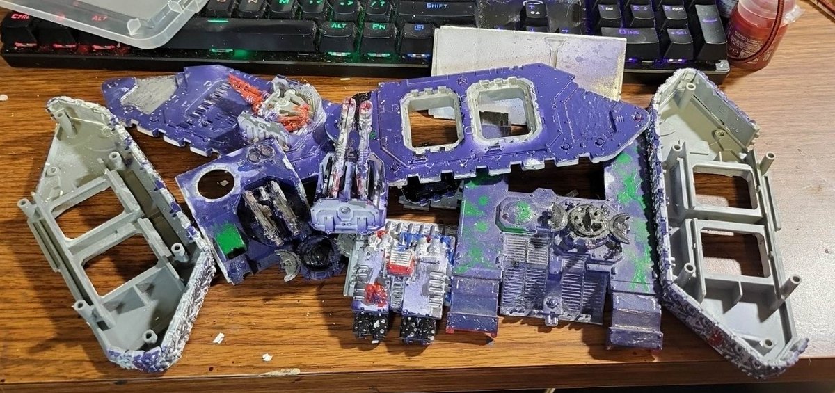 AlmostMeek's tweet photo. I managed to get the Land raider disassembled after sticking it in the freezer for a couple hours. one of the gun turrets is broken and it is missing a couple bits but i can source some replacements https://t.co/8dsMHzdLP4
