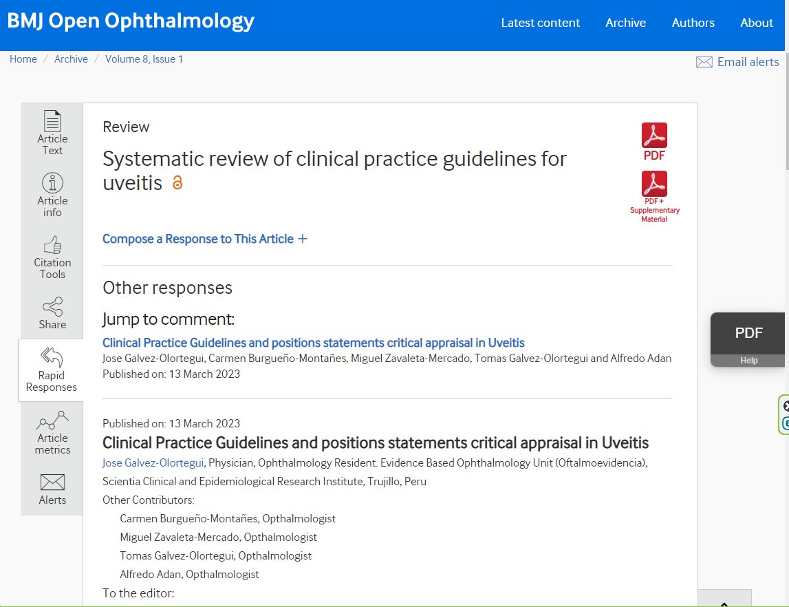 oftalmoevidence's tweet photo. Compartimos un "rapid response"(letter) realizado por nuestro equipo y publicado en la Revista BMJ open ophthalmology (Scopus Q1), comentando y analizando una reciente RS de GPC en Uveitis: Clinical Practice Guidelines and positions statements critical appraisal in Uveitis. https://t.co/o0z3ityj36