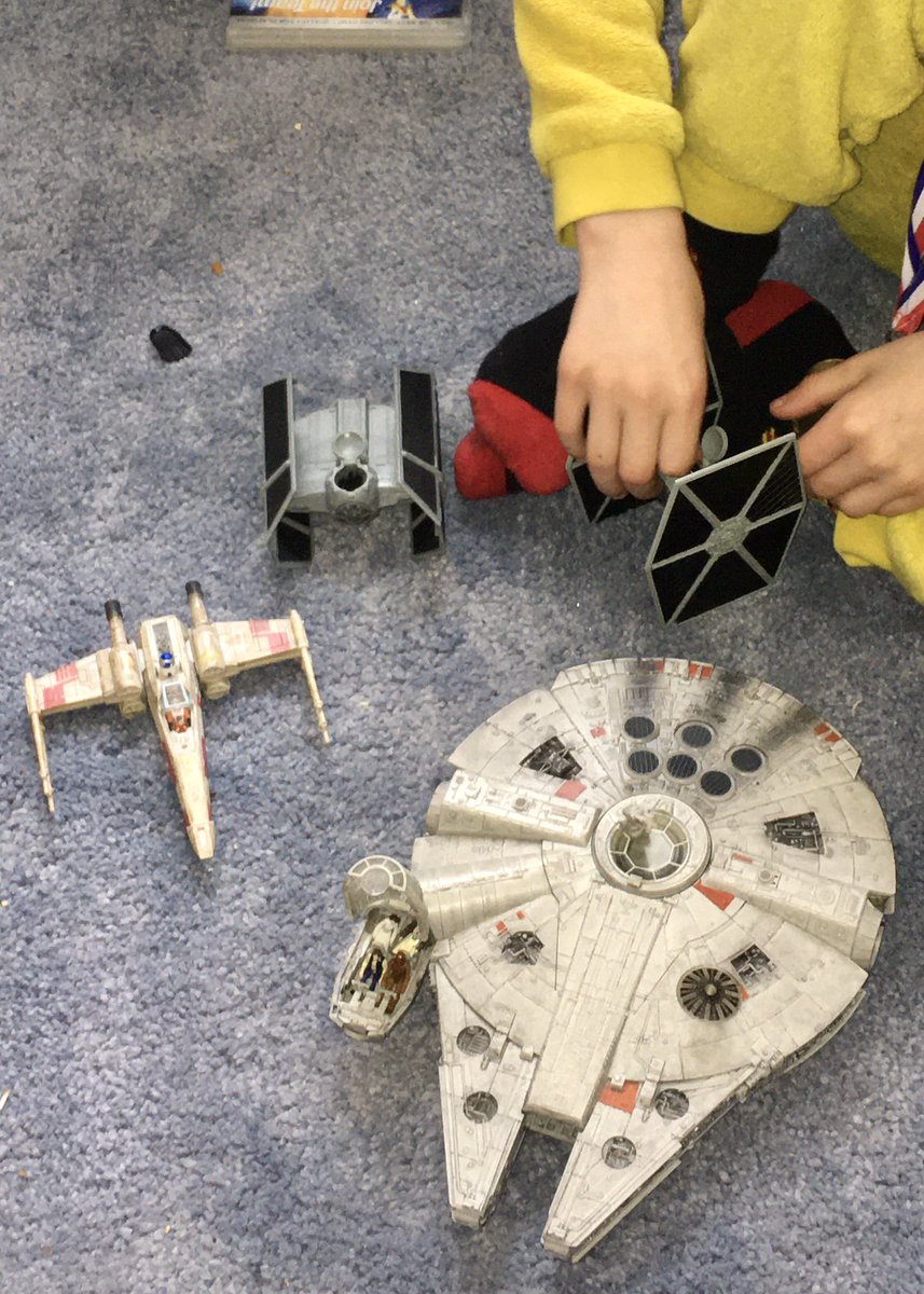 StephanieSermon's tweet photo. Kenzie, playing with his #StarWars #Micro ships (#MillenniumFalcon, #XWing, #TIEFighter &amp; #TIEAdvanced) &amp; the little figures that come with them (#HanSolo, #Chewbacca, #PrincessLeia &amp; #BenKenobi, #LukeSkywalker &amp; #R2D2, #TIEPilot, and #DarthVader), has made me crave #ANewHope! https://t.co/NC254bjCPD