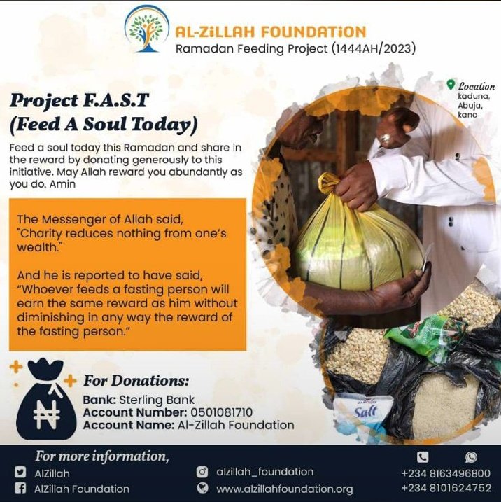 AlZillah's tweet photo. WHAT WE DO:
We have a commitment to reach out to poor families in rural communities during Ramadan, spend some time with them and leave as much of them as we can with some food items.
Alhamdulillah, with the generous donations we got, this year's #ProjectFAST has been executed. https://t.co/u5KdDfJnX4