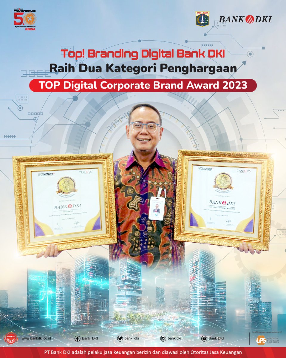 bankjakarta_'s tweet photo. Kembali mengucap rasa syukur, Bank DKI mendapatkan penghargaan TOP Digital Corporate Brand Award 2023 “Special Achievement for Financial Industry Kategori Bank Pembangunan Daerah dan Unit Usaha Syariah”
#BankDKI
#InfoBankDKI
#TOPDigital https://t.co/nzIdiLD2py