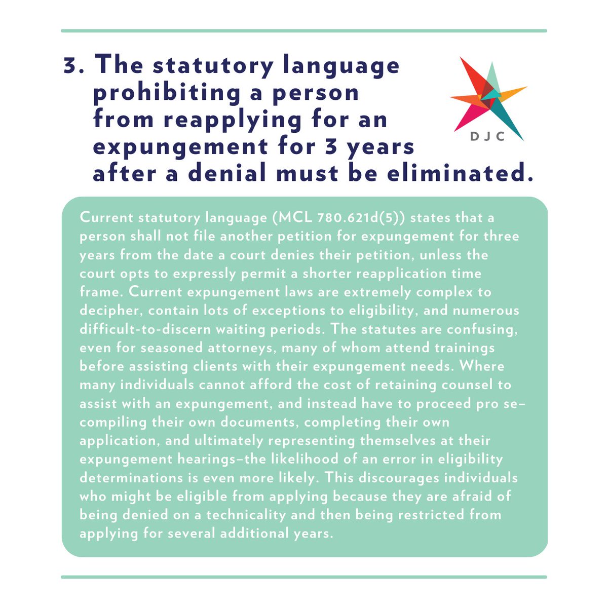 (🧵1/2) While Clean Slate is a positive step forward, we believe that this bill package can be expanded to benefit Michigan’s most over-criminalized populations. Check out this thread to see the 6 Key Improvements *still needed* for accessible expungement processes.