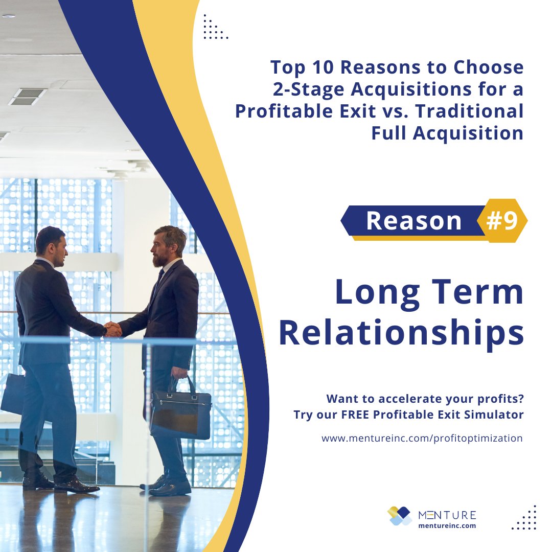 MentureInc's tweet image. Why choose 2-stage acquisitions for a Profitable Exit- Reason #9 - Long-Term Relationships: 

2-Stage Acquisitions build long-term relationships. The earn-in phase allows collaboration &amp;amp; knowledge transfer, leading to stronger bonds &amp;amp; better outcomes. 
#smallbusinesssale
