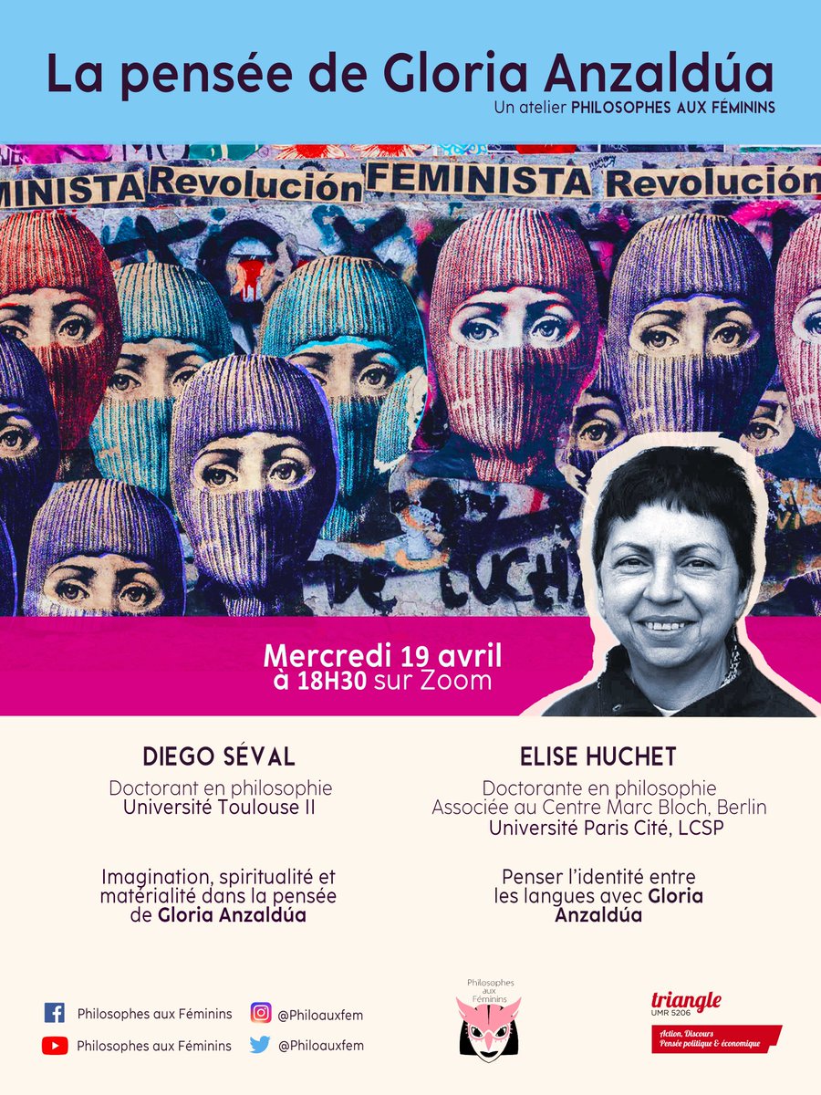 📣Nous nous retrouvons pour un nouvel atelier Philosophes aux féminins le mercredi 19 avril prochain à 18h30, en ligne ! 

Nous aborderons le travail et la pensée de Gloria Anzaldúa au travers des interventions de Diego Séval et Elise Huchet.