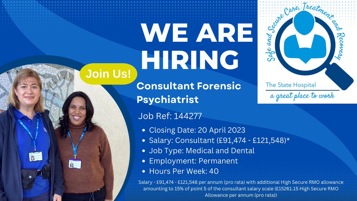 #jobalert An exciting opportunity has arisen to join our team as a Consultant in #forensicpsychiatry. As Responsible Medical Officer, you will provide care and treatment for up to 20 patients. If this interests you click here: bit.ly/3KUlo7B
#NHSCareers #NHSJobs