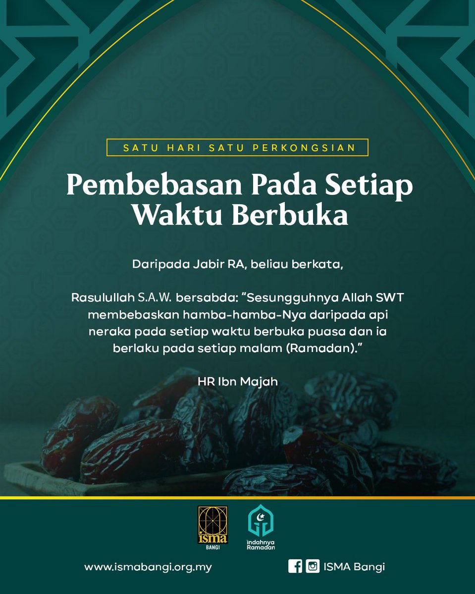 isma_bangi's tweet photo. Doa bagi orang yang berpuasa ketika berbuka adalah mustajab dan ini menunjukkan betapa pemurahnya Allah SWT kepada hamba-hamba-Nya dengan keampunan dan ganjaran pahala yang berganda.

#IndahnyaRamadanDiraiBersama https://t.co/RabE9jcRg7