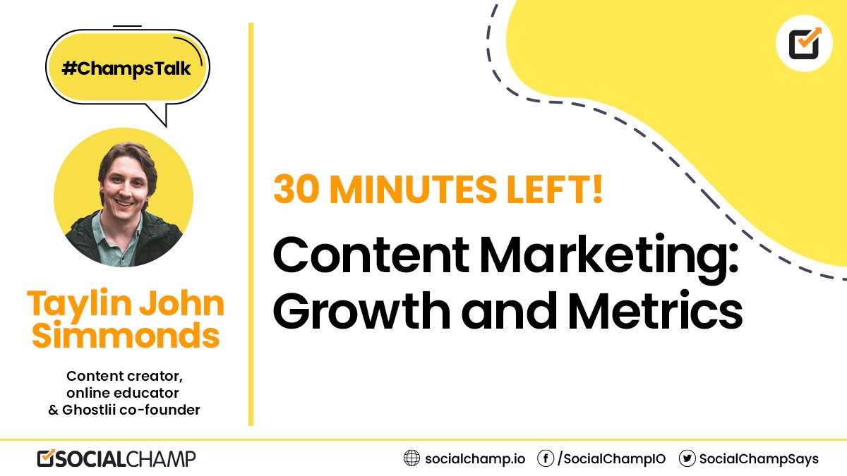 SocialChampSays's tweet photo. ⏰ 30 minutes left until our #ChampsTalk session with
@TaylinSimmonds
Content creater, online educator & Ghostliii co founder
Topic of discussion: Content Marketing, Growth and Metrics
Join us at 08:00AM PST, today 🎃
#SocialChamp #chatsession #contentmarketing https://t.co/xVvHDZJWwi