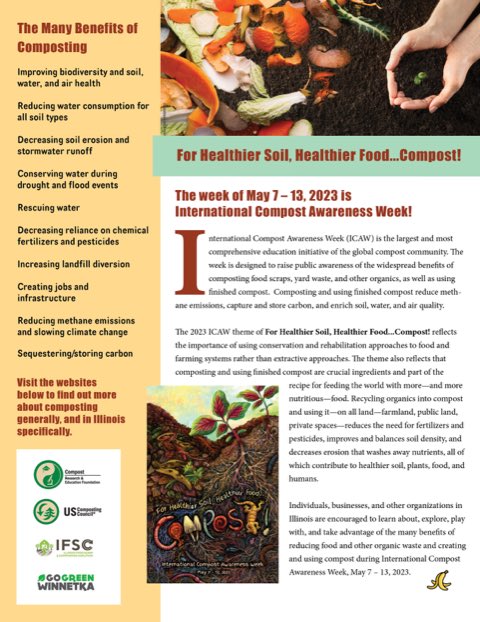 We’ve been busy in Illinois. Registration for over 25 Adventures in Composting events and various compost gift back, networking, virtual and resource program opportunities is on our site at 

illinoiscomposts.org/icaw-2023/

 #forhealthiersoilhealthierfood #compost #icaw #ilcomposts