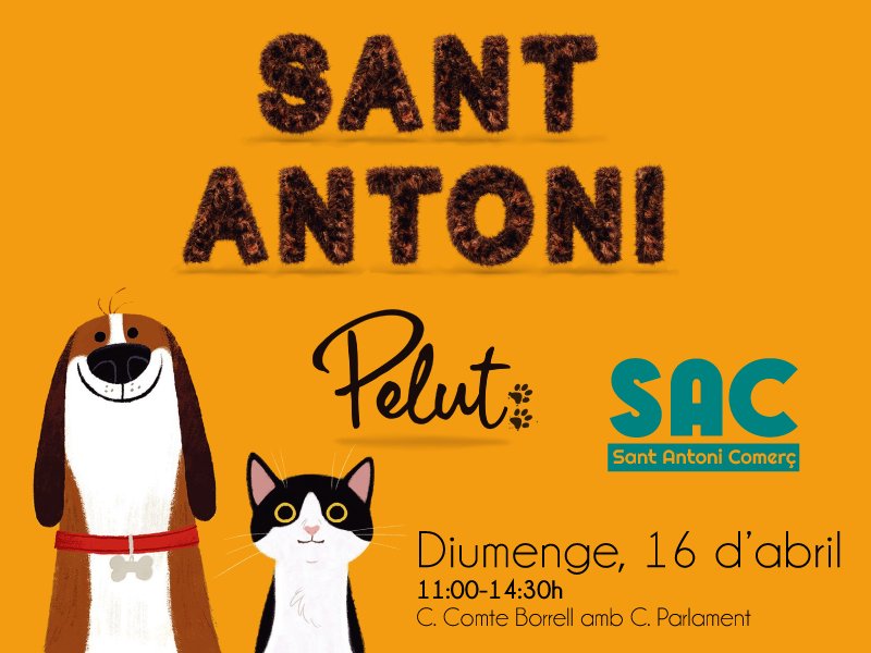 Diumenge t'esperem a #SantAntoniPelut🐾, la Festa Major dels Animals🐈🐕‍🦺,  a Borrell-Parlament, d'11 a 14.30 h. santantonibcn.com <a href="/eixosbcn/">Barcelona Comerç</a> <a href="/MercatsBCN/">Mercats de Barcelona</a>   <a href="/Bcn_Eixample/">BcnEixample</a> <a href="/ccamcat/">Comerç, artesania i moda</a>