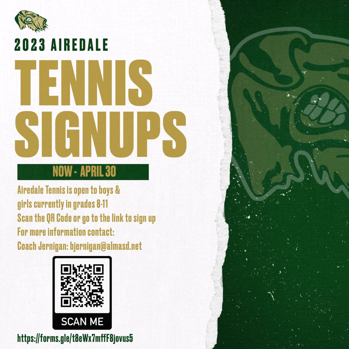 Airedale Varsity Tennis Signups are open now until April 30 to any eligible students currently in the 8th - 11th grades. Scan the QR code or the link will be in our bio. #Only1Airedale