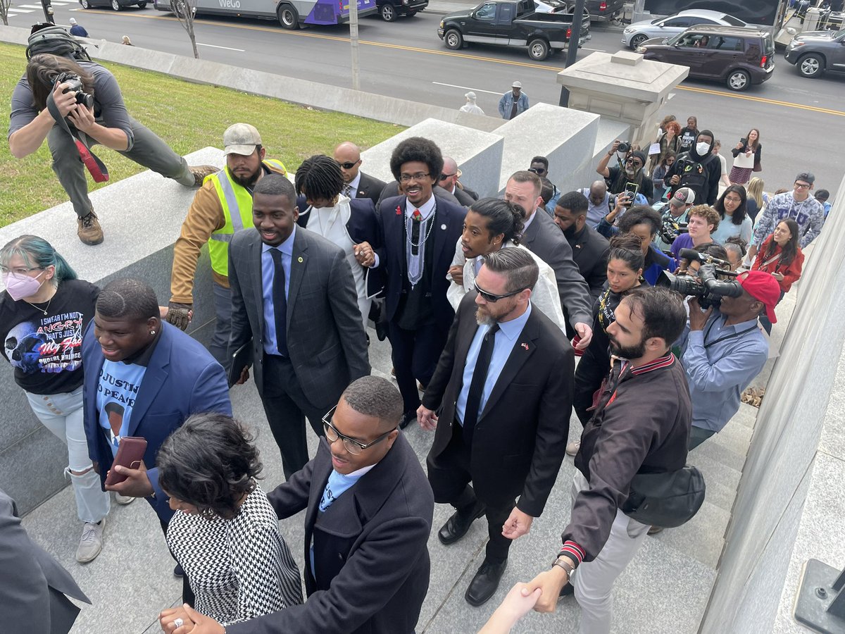 itsmelissabrown's tweet photo. Reps. Justin Pearson and Justin Jones head up to the Tennessee Capitol, where the House is in session, after Pearson’s swearing in. https://t.co/6hRCYksIjn