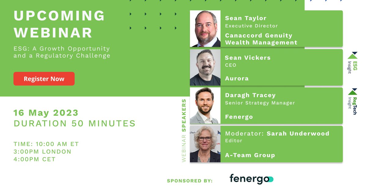 ATeamInsight's tweet photo. Join us on 16 May for a discussion on the growth opportunity and regulatory challenge of ESG, with experts from @CG_Driven, @aurora_clm, and @Fenergo
Register: https://t.co/GxmoPDoFGK
#ESG #ESGregulation #ESGcompliance #greenwashing #SEC #ESGdata https://t.co/oh0RTlqpGZ