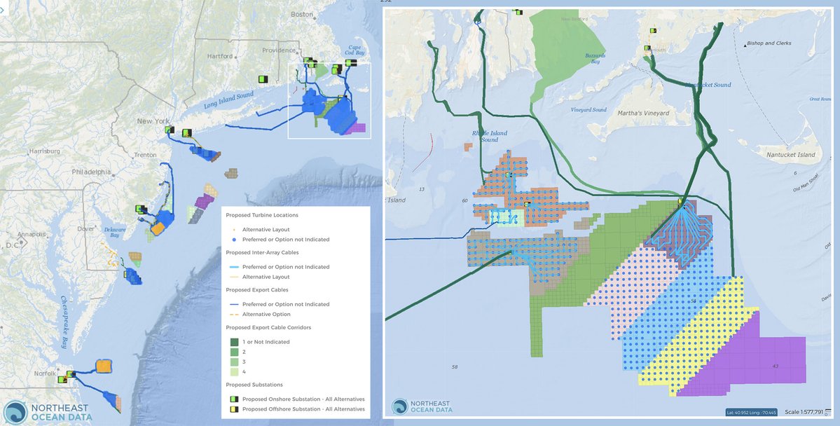 New map layers show proposed locations for #offshorewind energy infrastructure including turbine locations, substations, inter-array  cables, export cables, and export cable corridors.

northeastoceandata.org/view-proposed-…