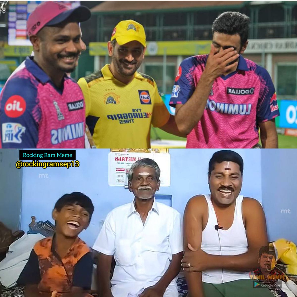 RamRockingRam's tweet photo. Nanbargale #CSKvsRR match ena aachu naa @ChennaiIPL 
#justforfun 
#Gpmuthu Version🤣😅
#rrvscsk #msdhoni #RR #WhistlePodu @msdhoni #csk #ipl2023 @ashwinravi99  @IamSanjuSamson #Memes  #justforfun @StarSportsTamil #viral #ipl #trending #starsportstamil #tamilmemes
-@RamRockingRam https://t.co/Z11bEUrBuI