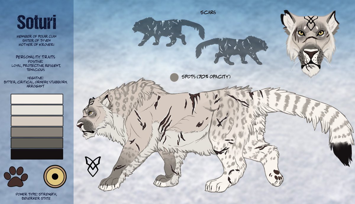 Ref sheet for my character Soturi, a character in ⁦<a href="/Redbuzzarddart/">Redbuzzardd🦁 🏳️‍🌈</a>⁩ ’s comic. She’s fun to draw in all her buff grandma crotchetiness