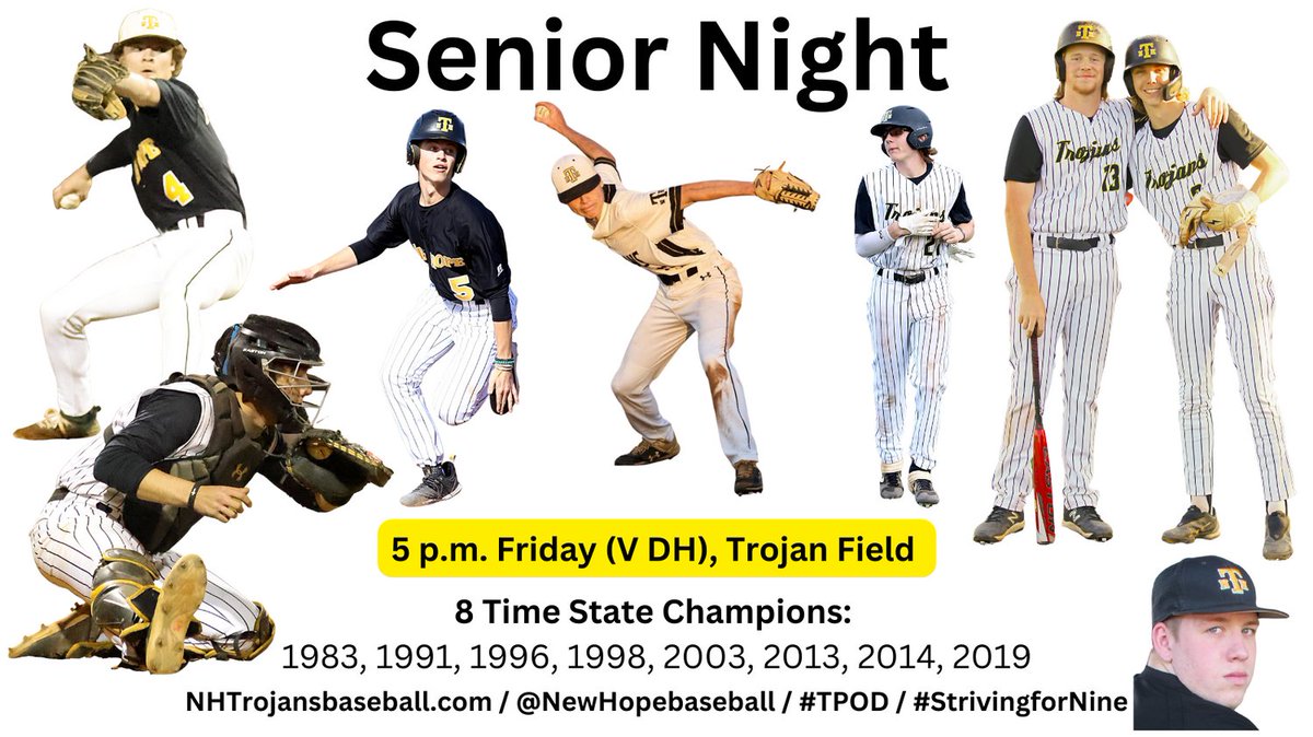 NewHopeBaseball's tweet photo. On Friday, New Hope will face Columbus in a DH. Between games, seniors Isaiah Box, Hayden Dodson, Drew Hudgins, Sam Malone,  Ndy Massey, Cole Monahan, Charles Poag and Pate Tolleson will be honored. Let's thank these young men for all they have done for the program. @BoydLNHBB https://t.co/5oacXkwsgJ