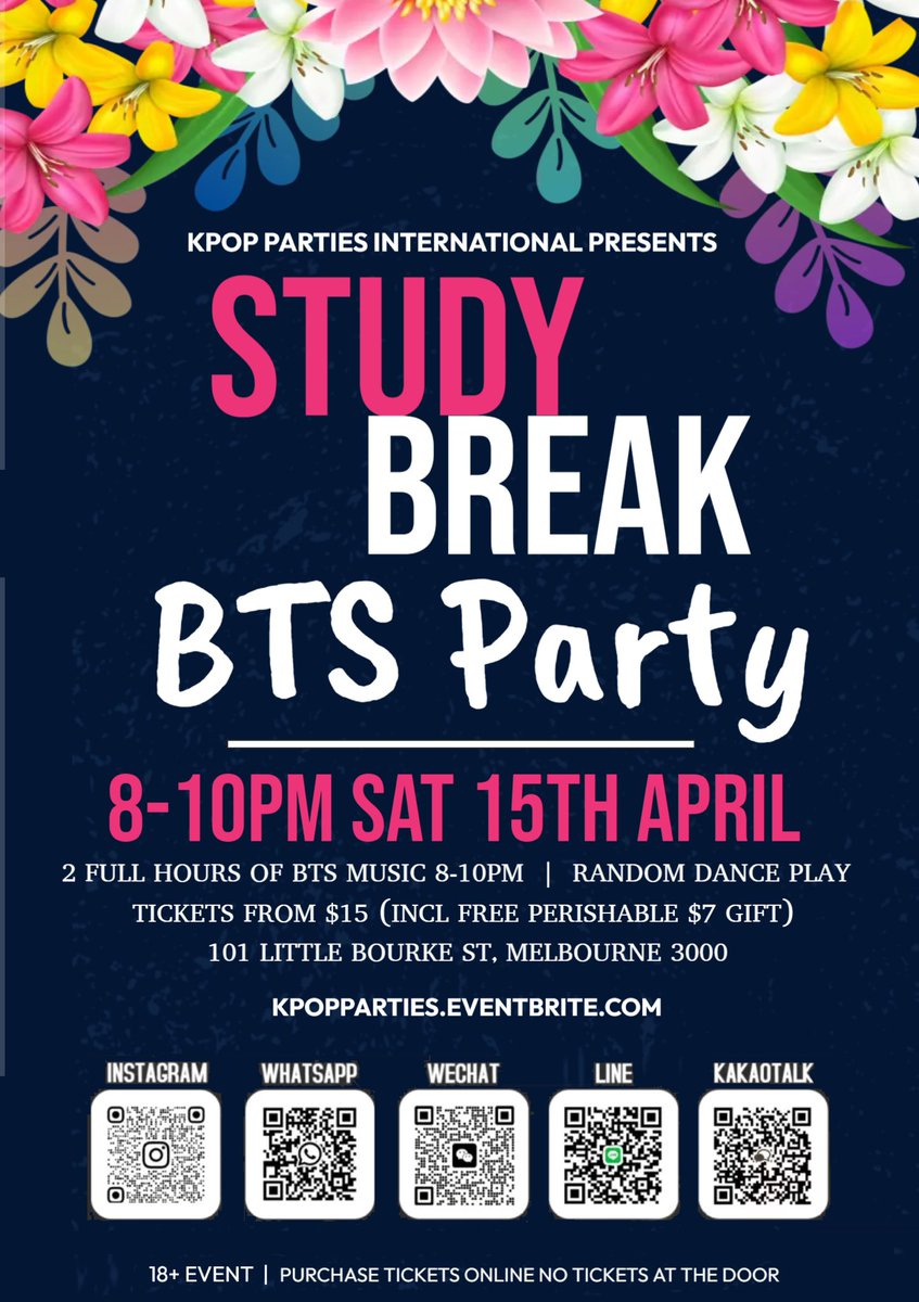 travellingwill3's tweet photo. Hi Melbourne ARMY! There's a BTS party this SATURDAY (April 15th). Tickets include a free gift from the bar! There will be BTS random dance play! Tickets also include entry to a general party after the BTS party and a k-EDM party 🎟 https://t.co/9xsUNoyXAE https://t.co/Wfy72zwLFo
