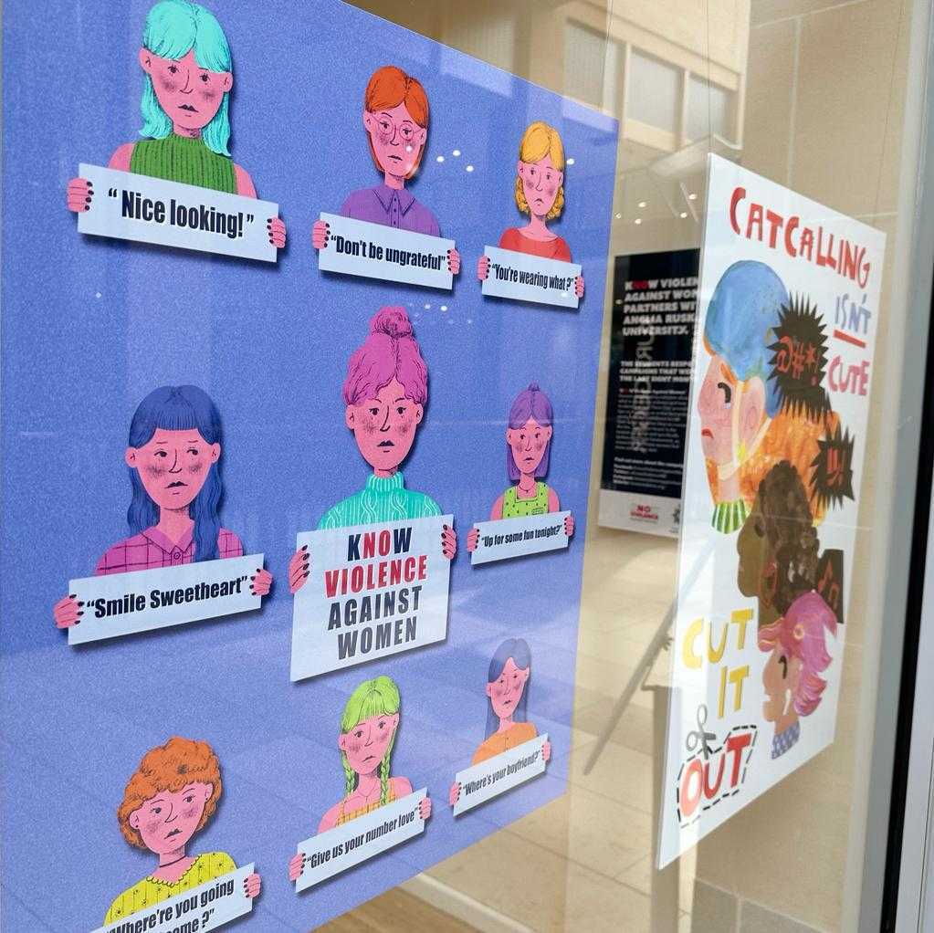 KnowViolenceAW's tweet photo. #TBT to our art exhibition with @AngliaRuskin! Did you catch us on the news? 
 
Our pop-up shop showcased the work of fourteen ARU Illustration students and their artistic depictions of violence against women. https://t.co/ceC8ZucVkq