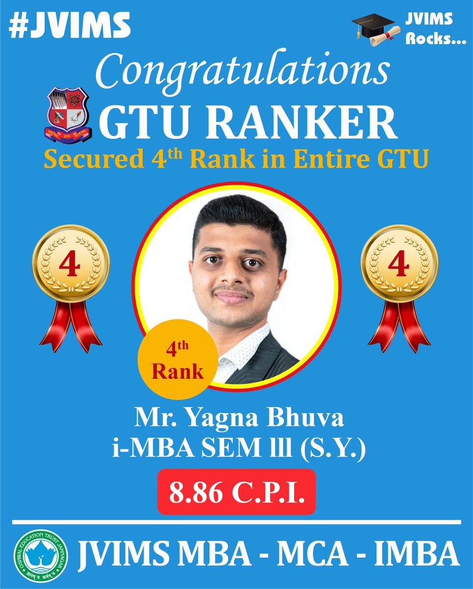 jvims_mba's tweet photo. Mr. Yagna Bhuva from our Integrated MBA program secured 4th Rank in whole of GTU with C.P.I. 8.86 in his i-MBA Sem 3 results.
CONGRATULATIONS
#JVIMS #OET #GTU #integrated_mba #imba #undergraduation
#ranker #management #collegelife #studentlife #proud #congratulations #jamnagar https://t.co/GFZ2PHwGiC