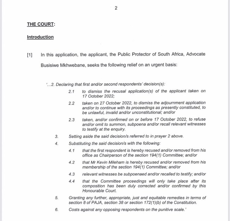IsmailAbramjee's tweet photo. BIG BREAKING NEWS:
A full bench of the Western Cape High Court has dismissed Public Protector Busisiwe Mkhwebane’s claim to force the recusal of her impeachment inquiry chairperson Qubudile Dyantyi and DA MP Kevin Mileham. 
Dyantyi and Mileham stay on. Mkhwebane must pays costs. https://t.co/WXg9VZIoNU