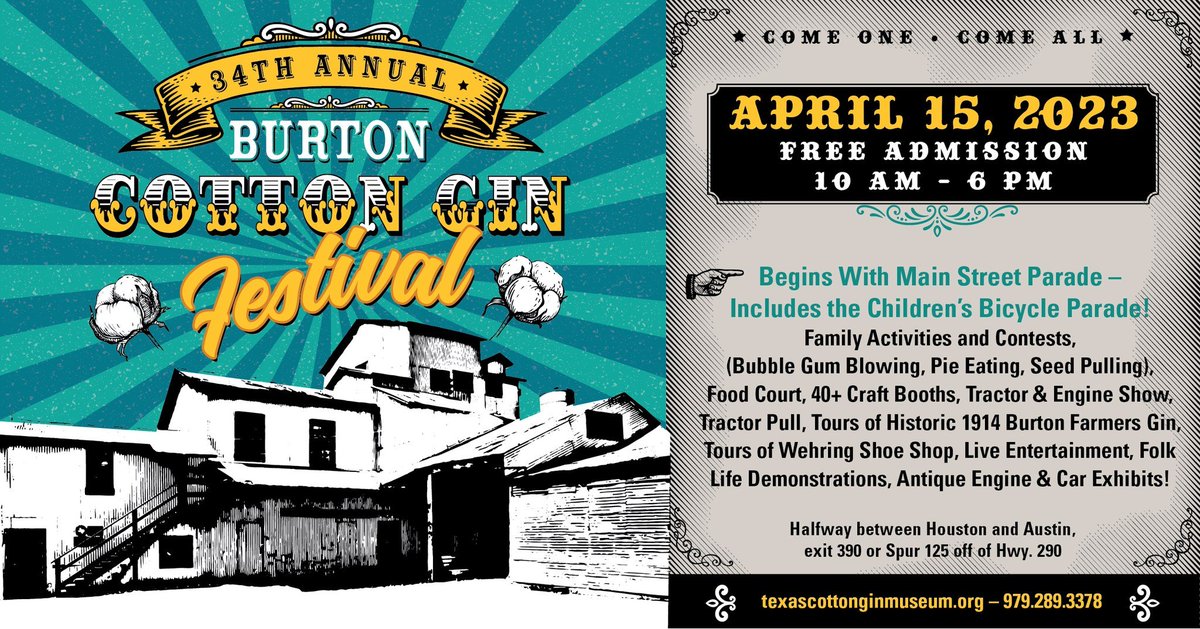 txmusicoffice's tweet image. The 34th Annual #BurtonCottonGinFestival is happening April 15th from 10AM-6PM in #BurtonTX, just outside of our #MusicFriendlyTexas Community of #BrenhamTX @visitbrenham. This small town Texas festival is FREE &amp;amp; family friendly. 

More information: texascottonginmuseum.org