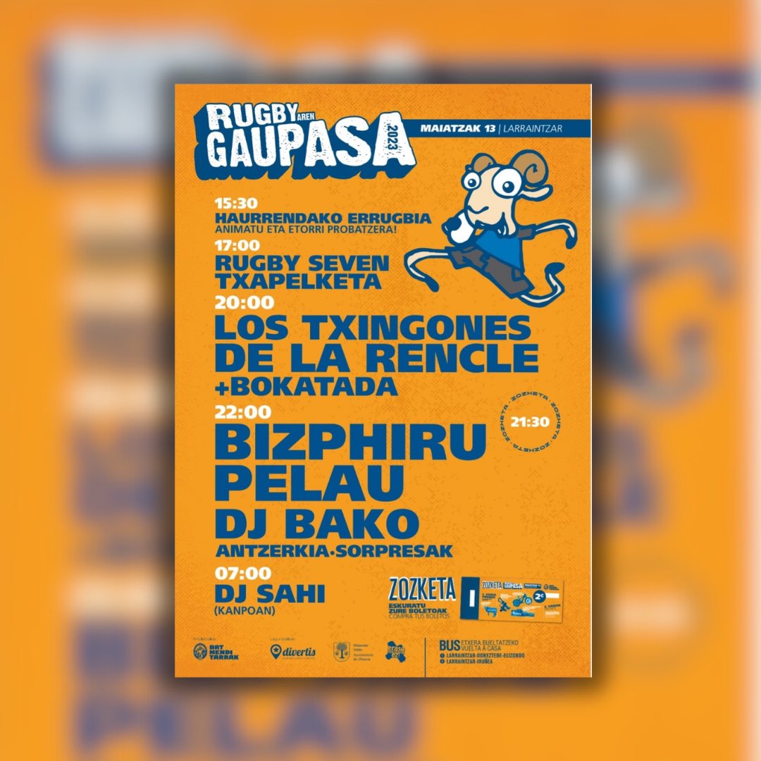 BrtMenditarrak's tweet photo. RUGBY GAUPASA 2023❤️‍🔥

•Haurrendako errugbia 👧🏼
•Seven txapelketak 🏉
•Afaltzeko bokatak 🥪
•Kontzertuak 🎸
•DJ-ak 🎛️
•Zozketa 🎟️
•Antzerkia 🎭

…eta askoz gehiago aurtengo rugby gaupasan!

Maiatzak 13an Larraintzarren zuen zain egonen gara!

Animatu eta bultzatu errugbia! https://t.co/jjzOuyC3vN