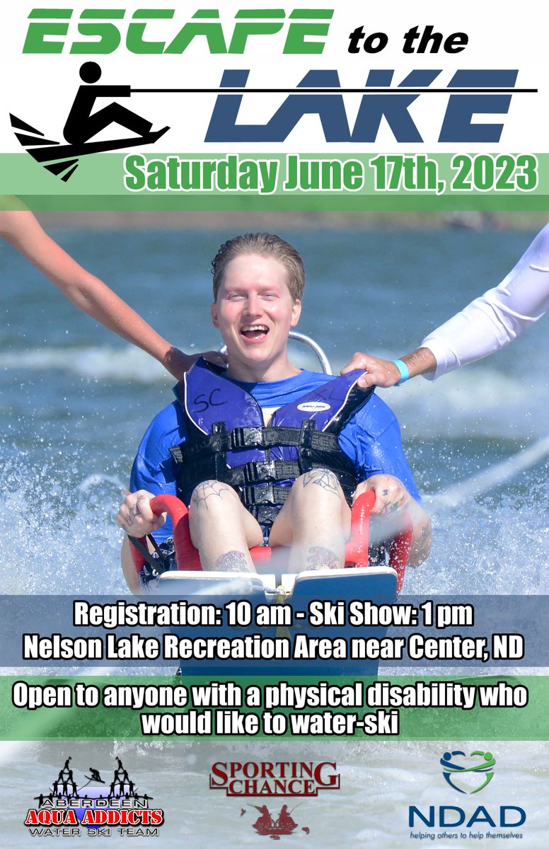 2023's #EscapetotheLake is a little more than two months away. Learn about the NDAD-founded adaptive water recreation event for children and adults with physical disabilities at #NelsonLakeRecreationArea near Center, N.D. here: ndad.org/services/Recre… and download this poster.