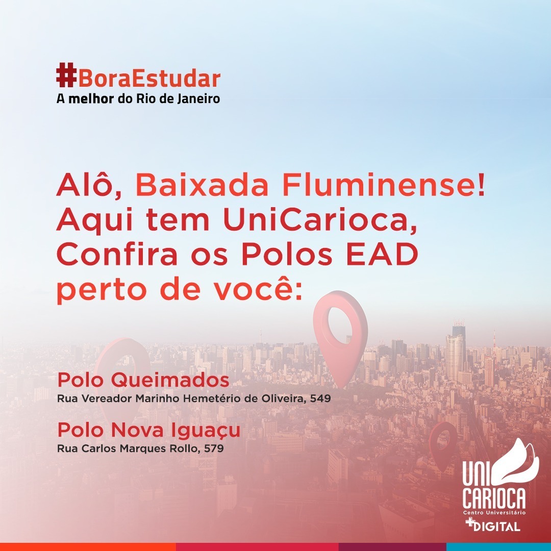 Alô, Baixada Fluminense! 📣

Confira nossos Polos EaD em Queimados e Nova Iguaçu. 🤩

Bora estudar na MELHOR do Rio?🚀

#PolosEaD #BoraEstudar #UniCarioca