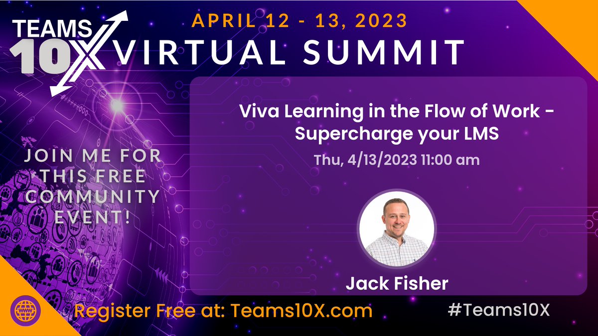 Viva Learning in the Flow of Work - Supercharge your LMS, Jack Fisher #Vivalearning

begins today at 11:00 am EST
Click here to register:
teams10x.com/summitregistra… 

#MicrosoftTeams #Microsoft #Teams10x #ImATeamsiac #collaboration #innovation #business #technology