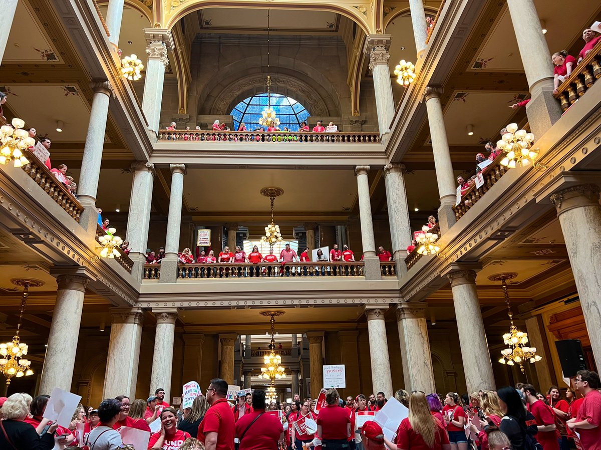 A busy day at the Indiana Statehouse, including a massive <a href="/ISTAmembers/">Indiana State Teachers Association (ISTA)</a> rally. Thousands of educators here — in a sea of red shirts — calling for increased K-12 funding, and for lawmakers to cease “hateful attacks” on public education and the teaching profession.